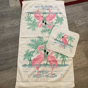 RA BRIGGS VINTAGE 2 PIECE TOWEL SET BATH TOWEL & WASHCLOTH FLAMINGO PRINT